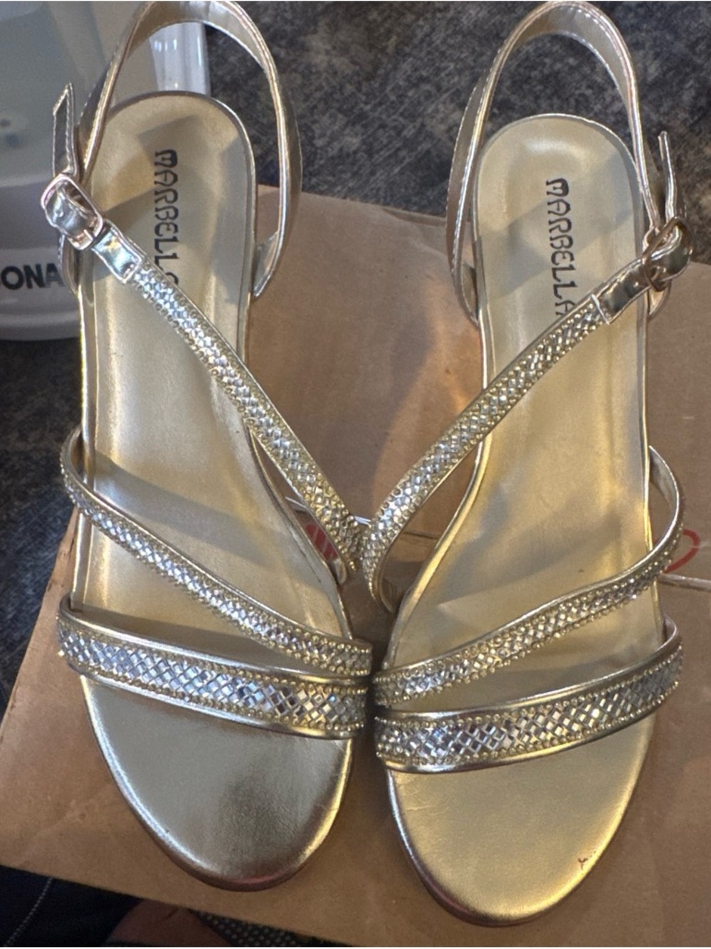 MARELLA Gold Metallic Crystal-Strap Slingback Heels